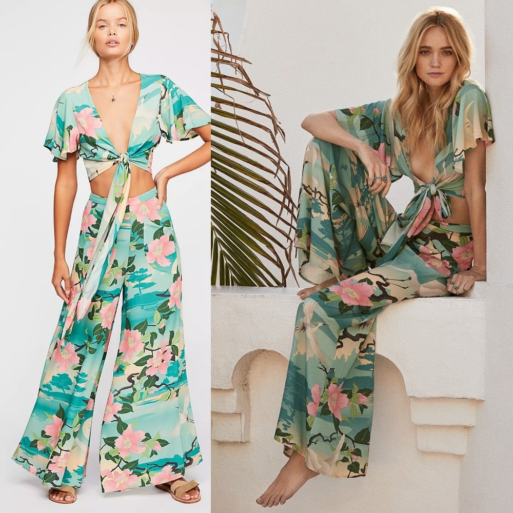 New spell designs nightingale crop top & wide pants set S lily jasmine teal BNWT